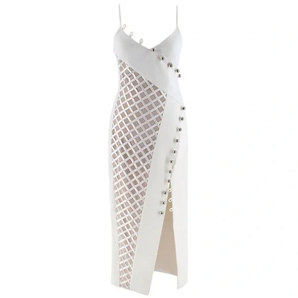 David Koma Dresses | David Koma Cady Diamond Mesh Asymmetric Midi Dress | Color: Cream/White | Size: 4 | Ampsciuk's Closet